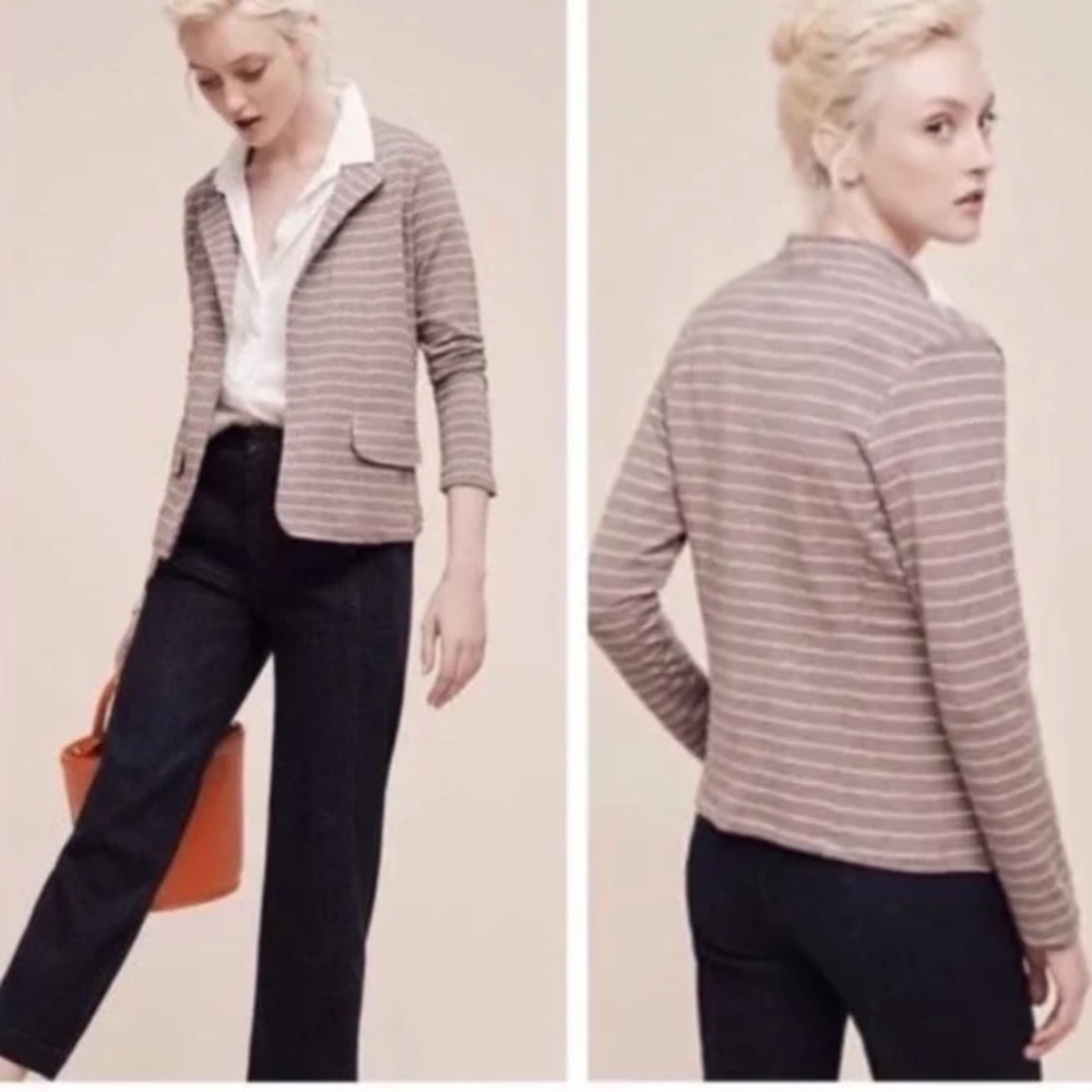 Anthropologie Taupe Cream Knit Striped Blazer Jacket Dolan Left Coast Sz M